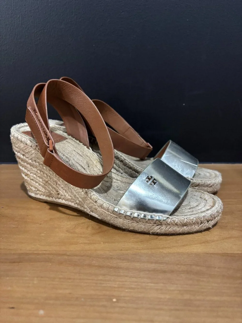 Tory Burch Silver Leather Toe and Brown Ankle-Strap Espadrille Wedges